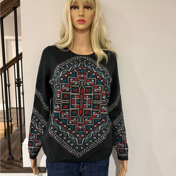 J. Crew Sweaters - J. Crew geometric dark green with blue and red Merino wool sweater